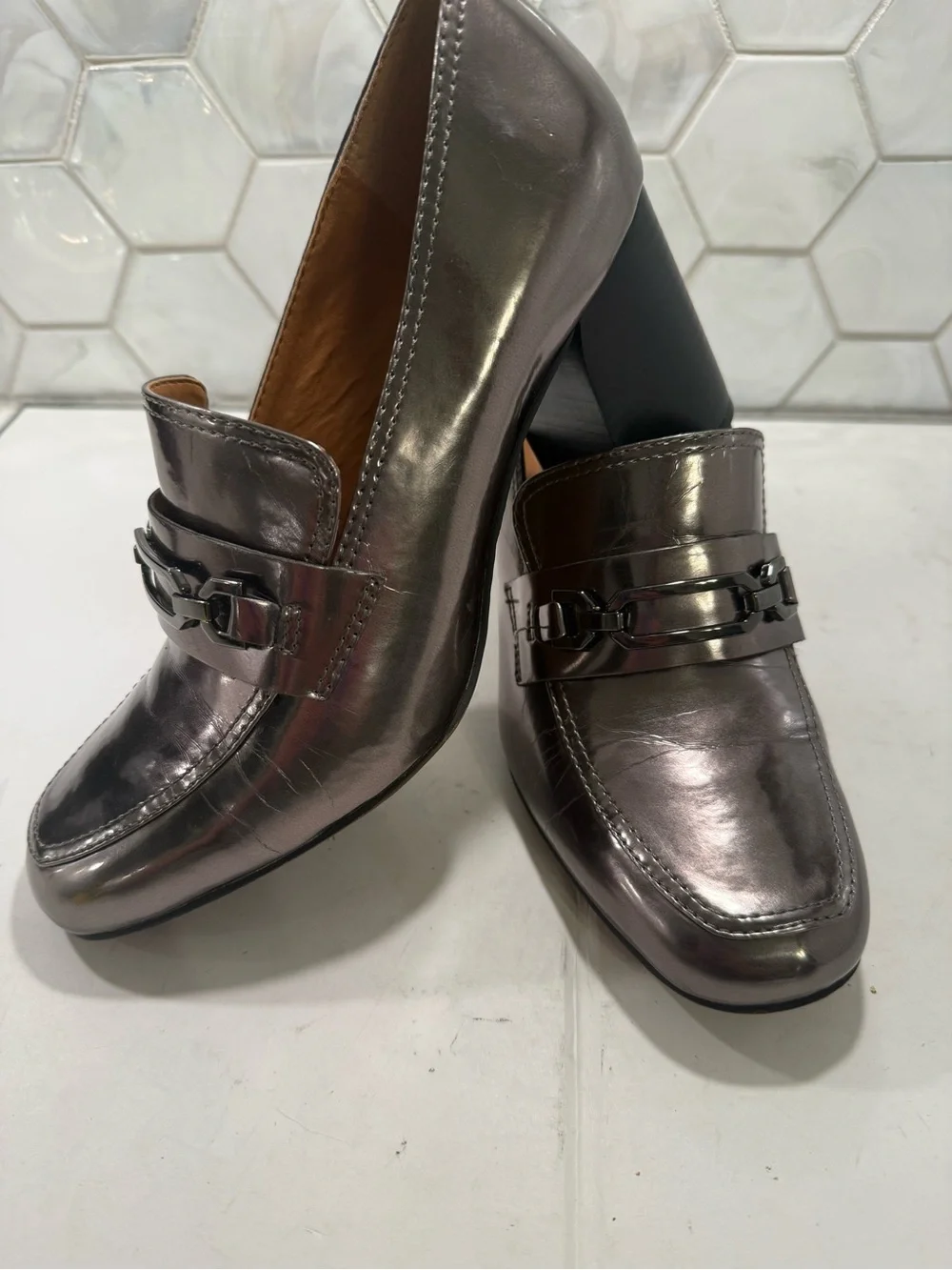 Franco Sarto Gunmetal Metallic Block Heel Loafers Sz 9.5 Wide Buckle Preppy